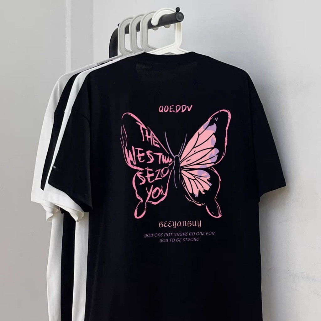 QUEENSHOP Korea style T-shirt Oversize kupu-kupu merah muda | Kaos Wanita Hitam