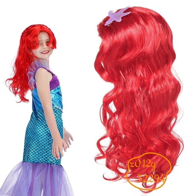Wig Merah Mermaid Rambut Palsu Cosplay Anak Ariel Putri Duyung