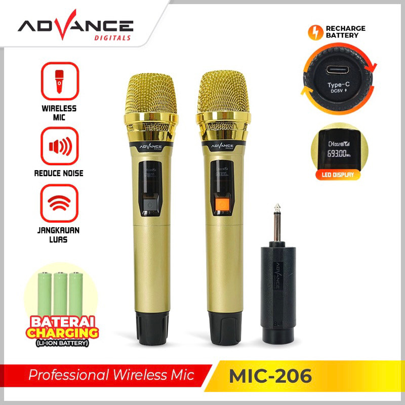 Microphone Mic 2 DOuble Wireless ADVANCE MIC-206 GOLD Mik Mic Tanpa Kabel Nirkabel