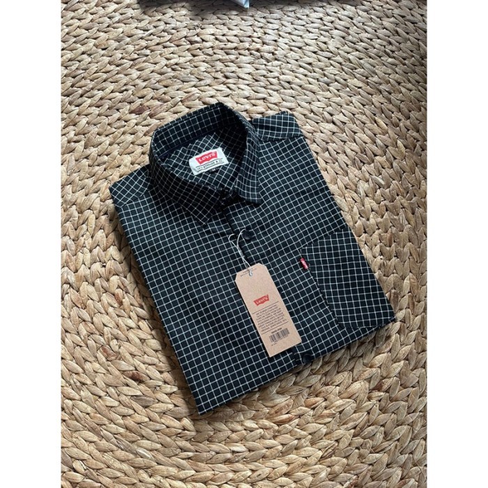 KEMEJA LVS 501 USA ORIGINAL LENGAN PENDEK PRIA ,KEMEJA MOTIF KOTAK - Hitam, S