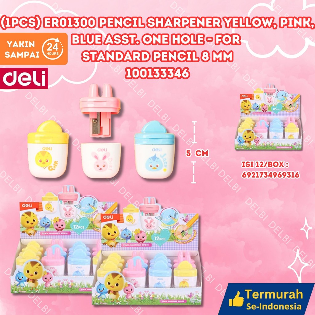 

Deli Rautan Pensil satu lubang 8mm 3 Warna (1PCS) ER01300 PENCIL SHARPENER YELLOW,PINK,BLUE ASST . ONE HOLE-FOR STANDARD PENCIL 8MM