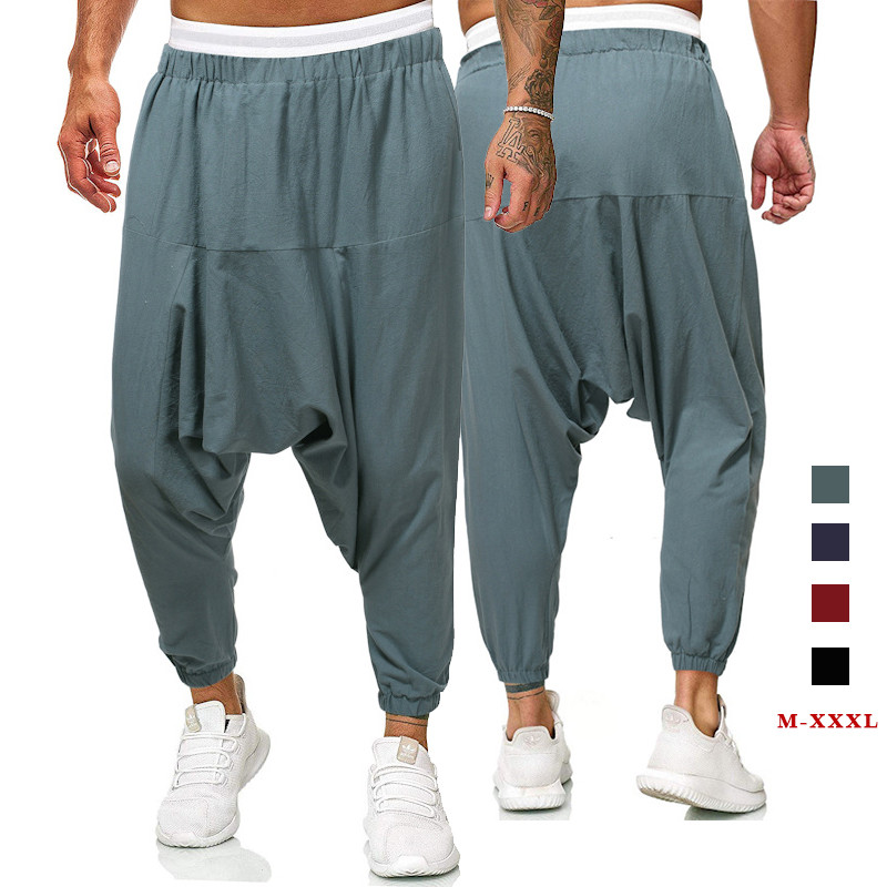 Fashion Cotton Linen Harem Pants Men Solid Elastic Waist Streetwear Joggers Baggy Drop-crotch Pants 
