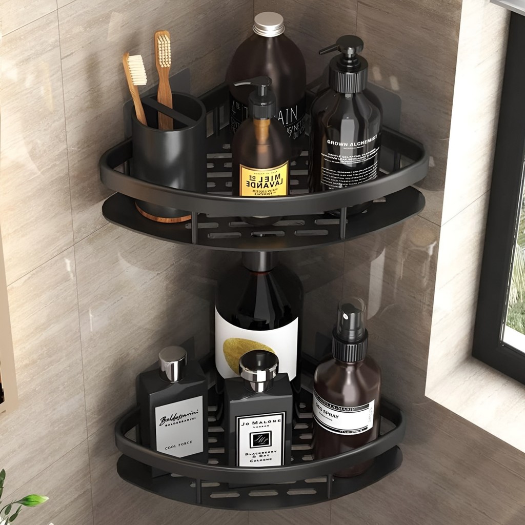 Rak Sudut Aluminum Rack Multifunction Rak Kamar Mandi Bebas Pukulan Sudut Gantung Tempel Dinding Org