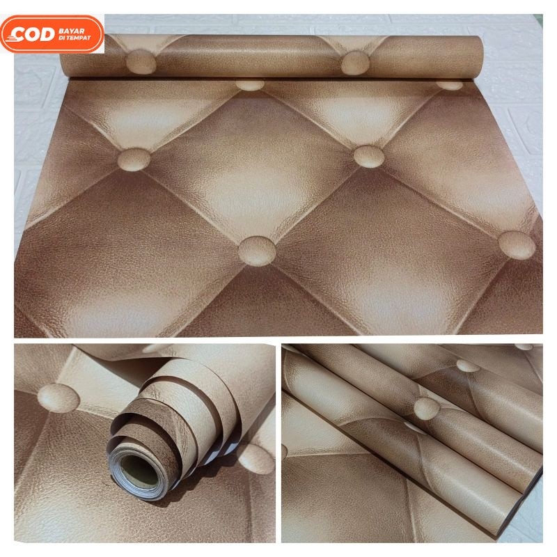 Wallpaper Sticker Dinding Coklat Kulit Sofa 3D Buat Dinding Rumah Ruang Tamu Dan Kamar Tidur Elegan 