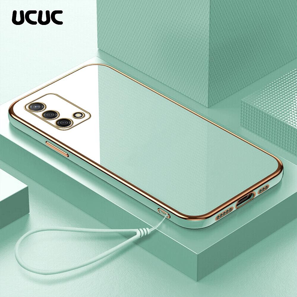 UCUC OPPO A74 A95 (Lanyard Gratis) Cartoon Square Edge Pattern Design Luxury Plating Soft Phone Case