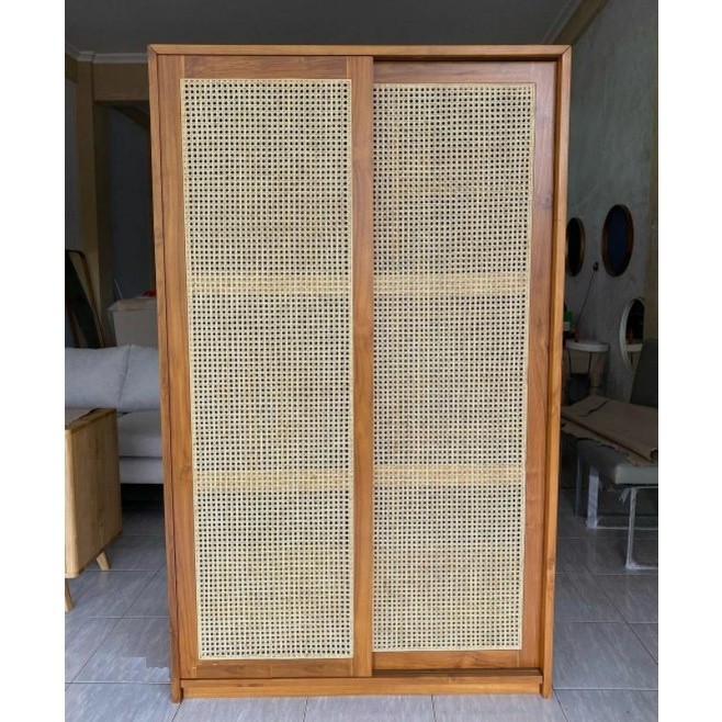 ALMARI PAKAIAN CUSTOM LEMARI SLEDING ROTAN MINIMALIS RETRO VINTAGE CABINET PINTU 2 LACI DALAM NATURA