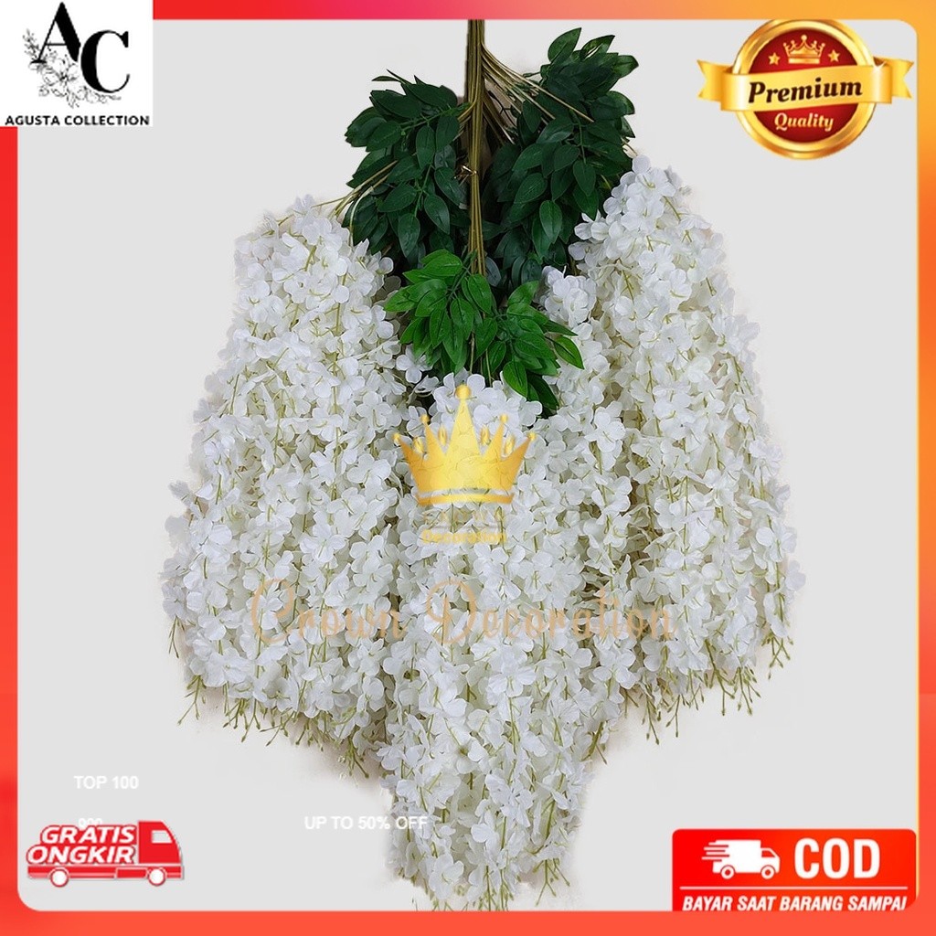 Bunga Dekorasi / [1 Lusin] Juntai Wisteria Jumbo Gantung Daun Rambat Plastik- Bunga Lavender Artific