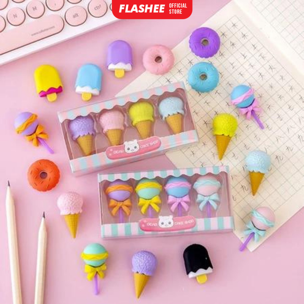 

Flashee Penghapus Alat Tulis Lucu Bentuk Es Krim Isi 4 Pcs Penghapus Pensil Karakter Lolipop Donat