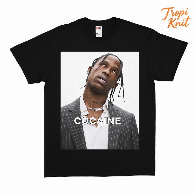 Kaos T-Shirt Cocaine Travis scott - HItam cotton combed baju kaos Distro Pria boxy