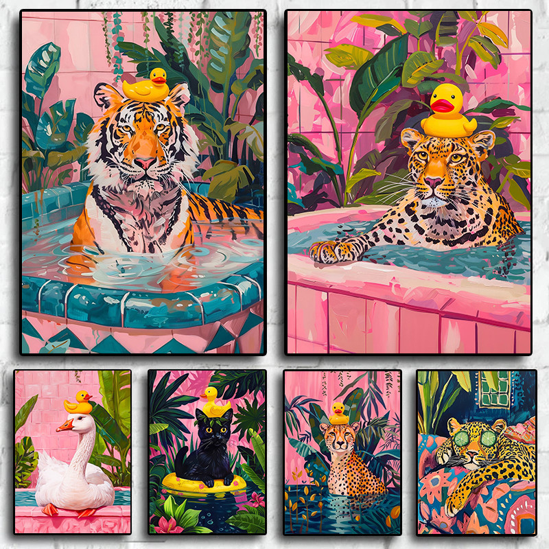

Colourful Leopard Rubber Duck in Bathtub Botanical Bathroom Funny Animals Poster Canvas Painting Wall Art Pictures Home Decor