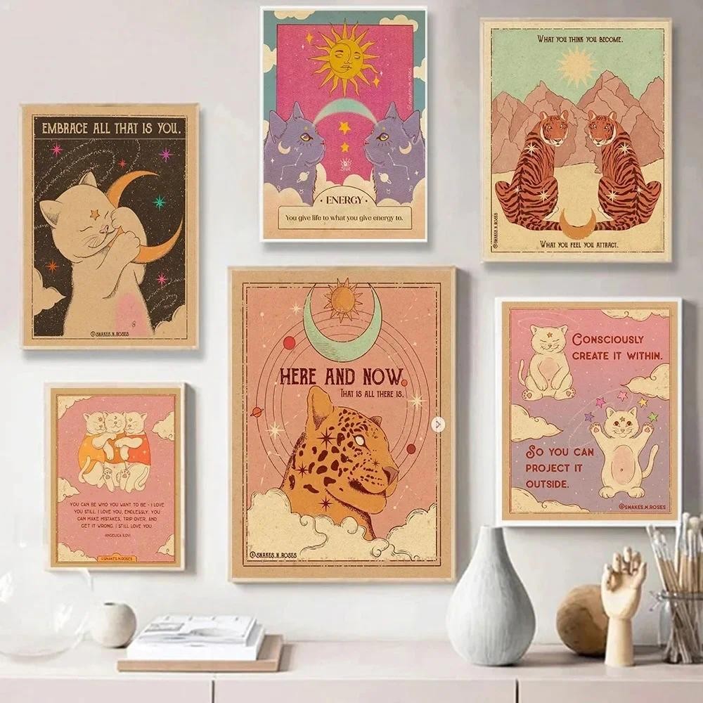 

Canvas Painting Posters and Prints Wall Art Tarot Card Poster Boho Cat Retro Divination Witchcraft Beach Moon Phase Aesthetic