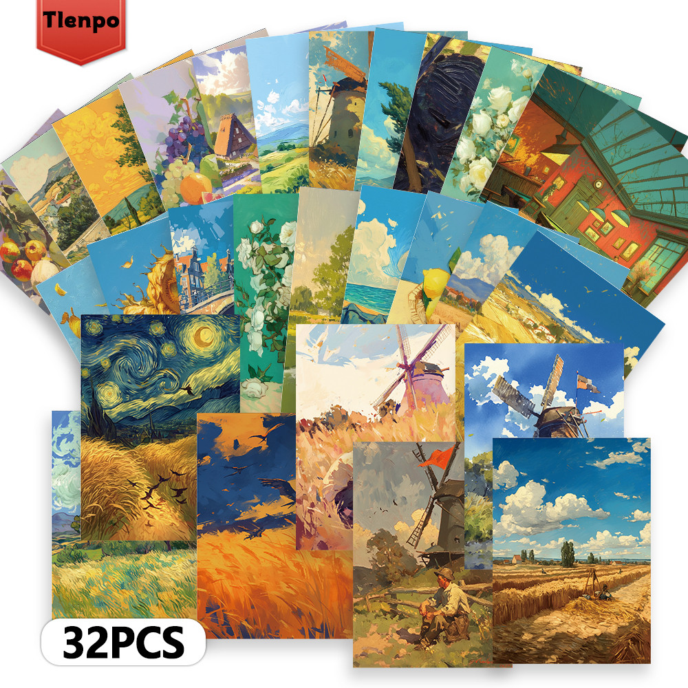

32pcs, oil painting rustic postcards, room decoration stickers, brochure materials, souvenirs, collectibles and mailing