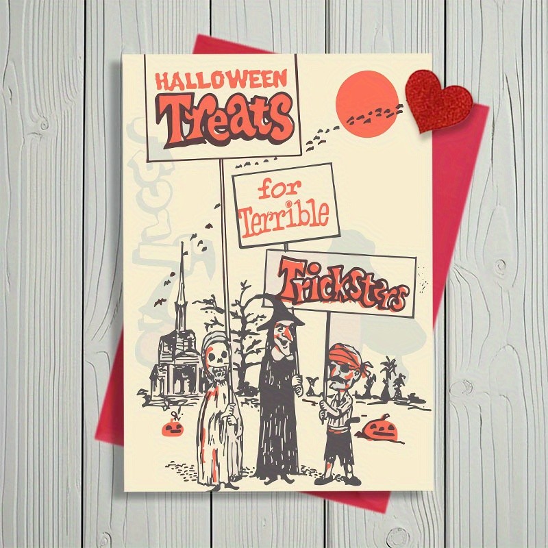 

Halloween Greeting Card - "Halloween Trickster's Gift" design with witch, skull and jack-o'-lantern for friends and family