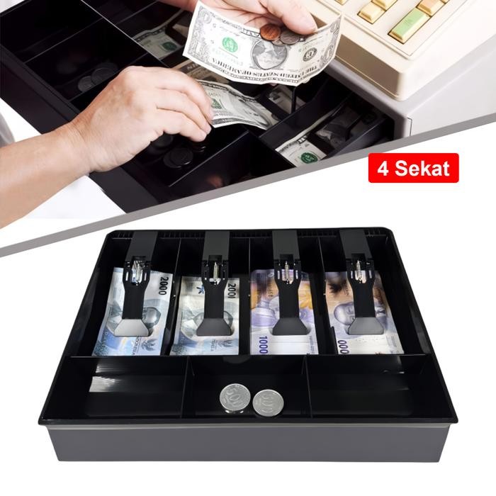 

Laci Penyimpanan Uang Kasir 4 Sekat Plastik dengan Klip Penahan Pegas Cash Drawer Tray