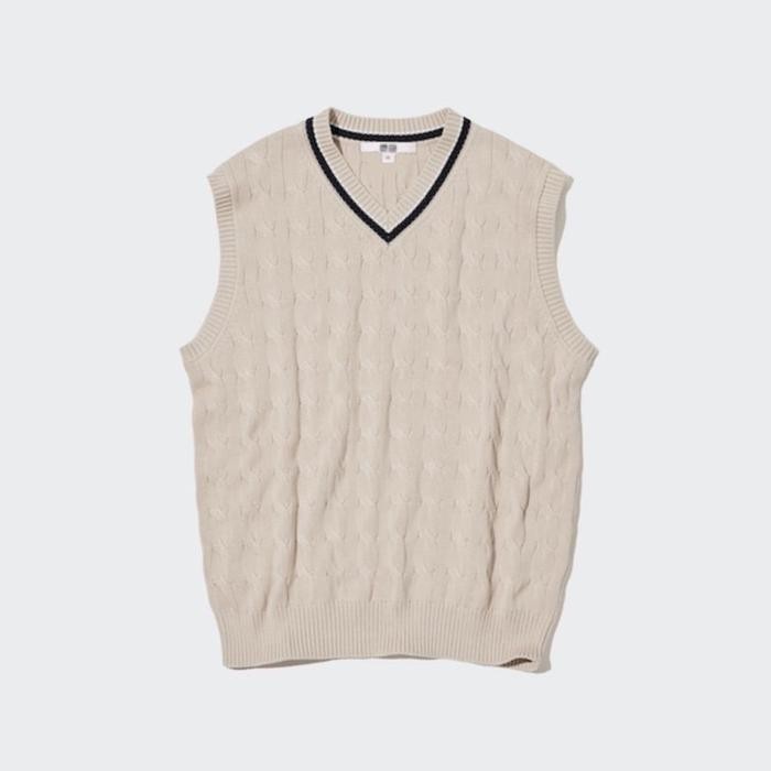 UNQ V-Neck Unisex Rompi Knit Vest Pria Wanita Rajut Sweater Korea - Cream, L