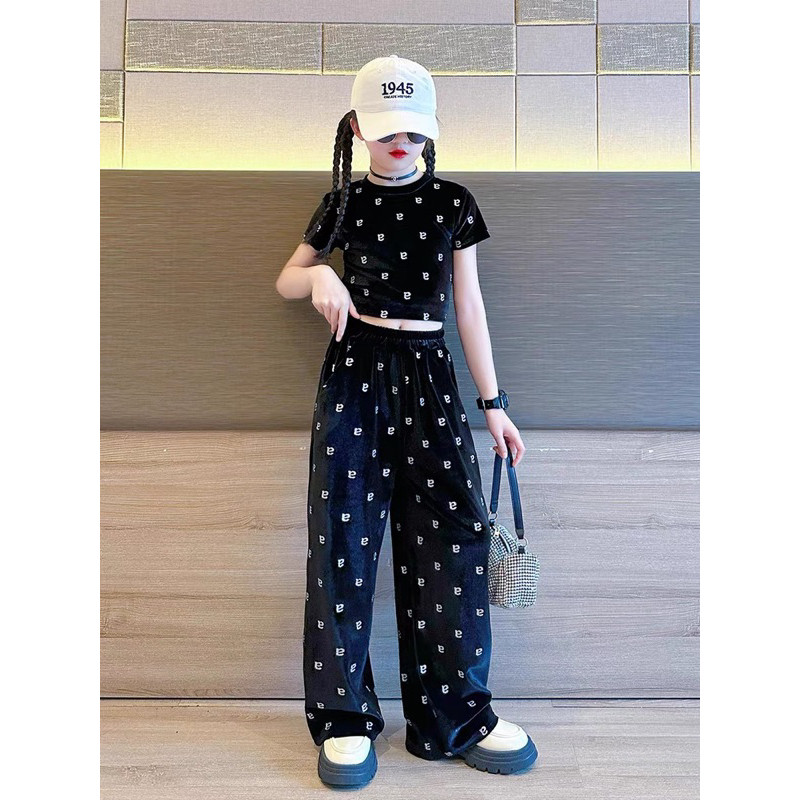 NEROSHOP JS28 Setelan anak perempuan crop kulot velvet bludru lengan pendek celana panjang hitam / b