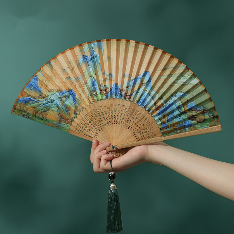 

Folding Hand Rave Fan Satin Fabric Art Colorful Reflective Foldable Bamboo Fan Music Festival Fan Dance Fan with Tassels