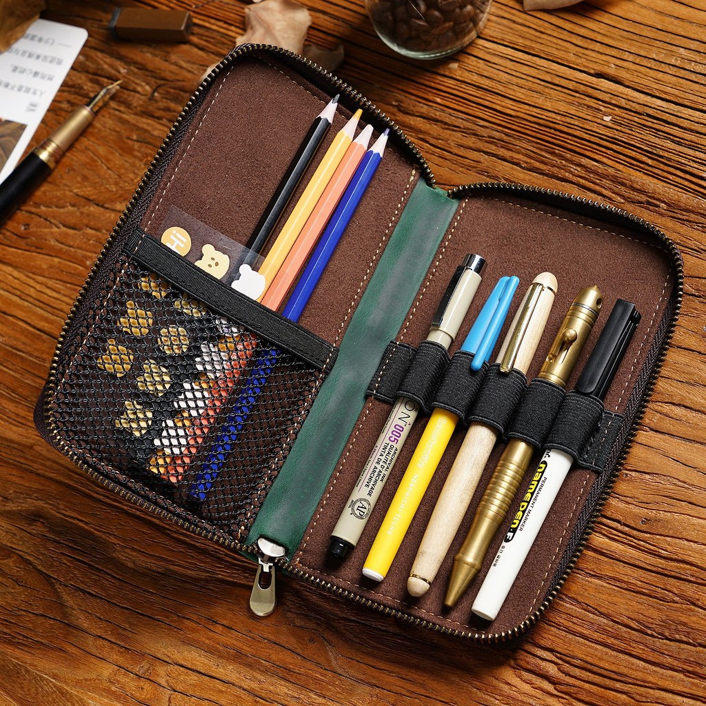 

Leather handmade Pen Organizer Office School Supplies Kits Accessories Retro Cowhide Large Capacity Multifunctional Pencil Case