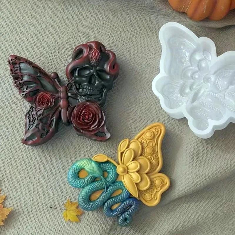 

3D Skull Snake Butterfly Silicone Mold DIY Variation Butterfly Skull Candle Soap Plaster Craft Resin Molds Halloween Gift
