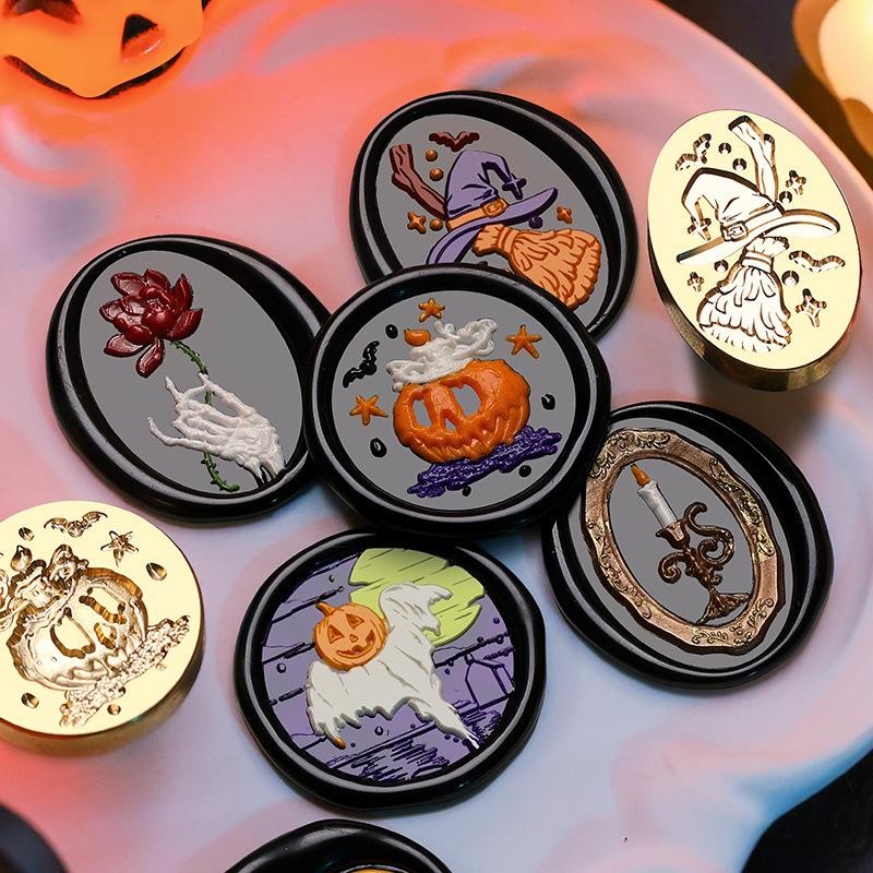 

Halloween Series Wax Seal Stamp Copper Head Pumpkin Lamp Spooky Witch Stamp Sealing For DIY Cards Scrapbooking Invitation Decor