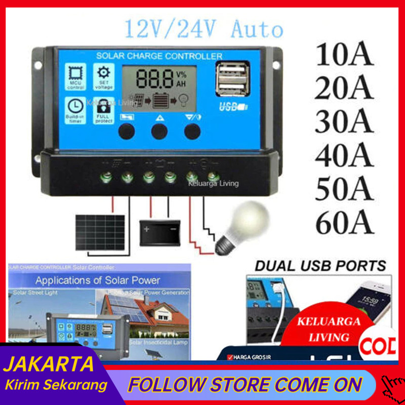 Solar Charge Controller LCD LED Display Solar Cell PWM 12V 24V 10A 20A 30A 50A 60A USB Panel Tenaga 