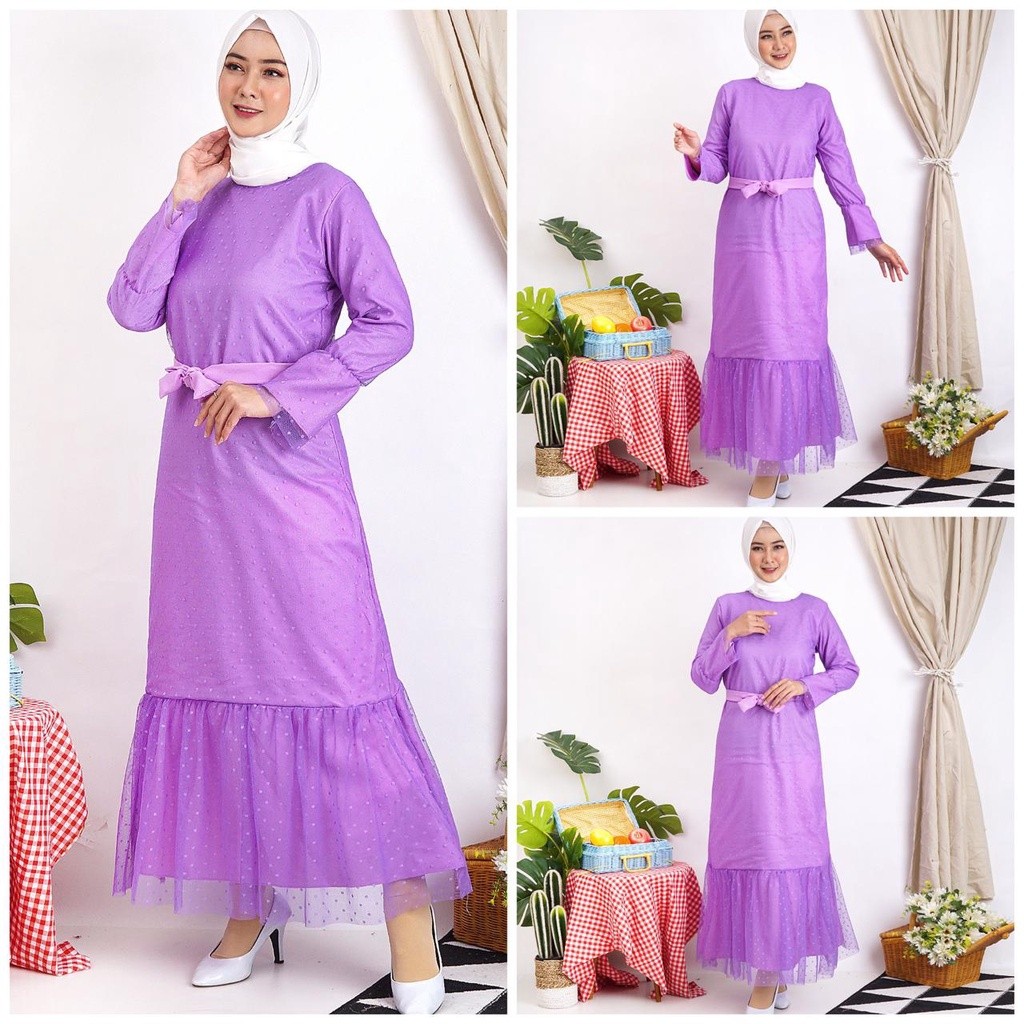 Gamis Helwa Tile Polkadot Maxi Dres Lebaran Long Dress Busana Muslim Murah