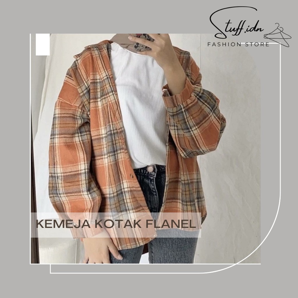 Kemeja Kotak Flanel Oversize Wanita Lengan Panjang Model Outer Korean Look