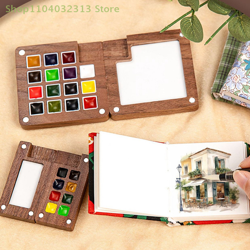 

Travel-Friendly Walnut Wood Watercolor Sketchbook Palette with Paint Box and Clip