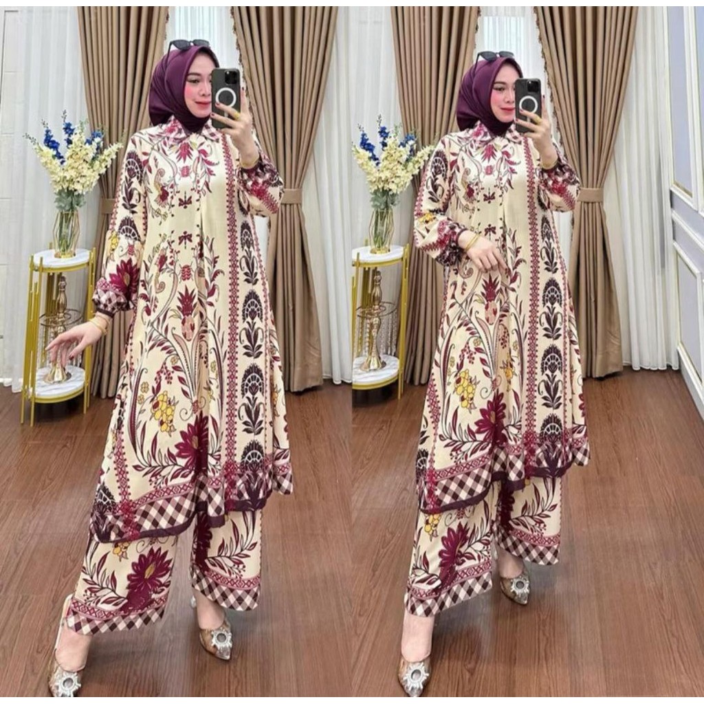 . Setelan Long Tunik Wanita Terbaru Bahan Adem Busui Frendly Baju Busana Muslim Dewasa Kekinian Jumb