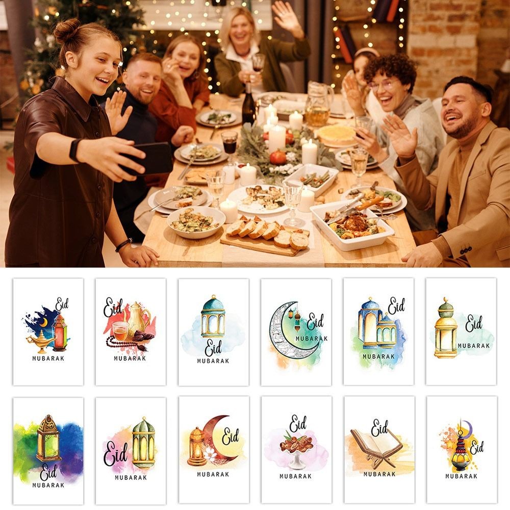 

12PCS Multicolor Eid Mubarak Postcards Paper 17.8*12.7cm Ramadan Party Invitation Cards Moon Castle Ornament