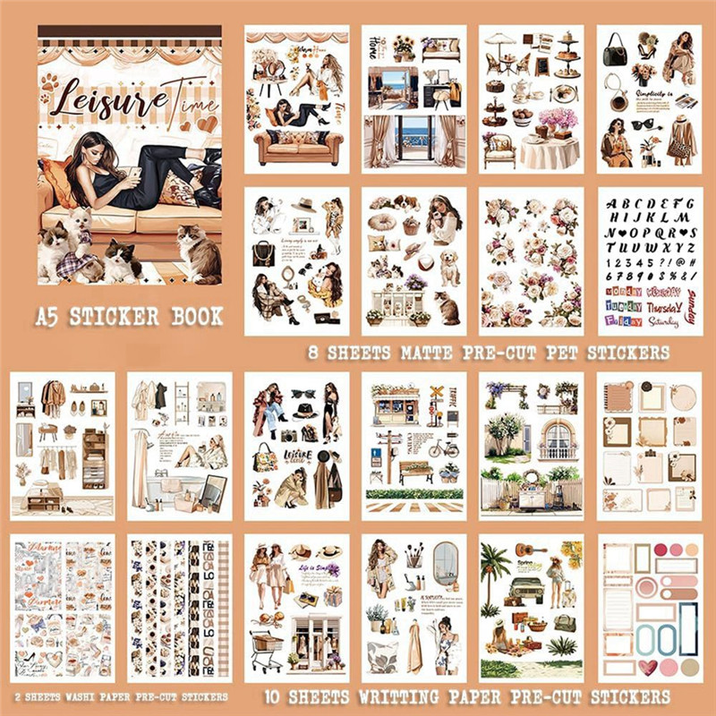 

B27B Leisure Time Journal Sticker Book For Junk Journaling Supplies, 20 Pe-Cut PET, Washi Tape And Craft Paper Stickers