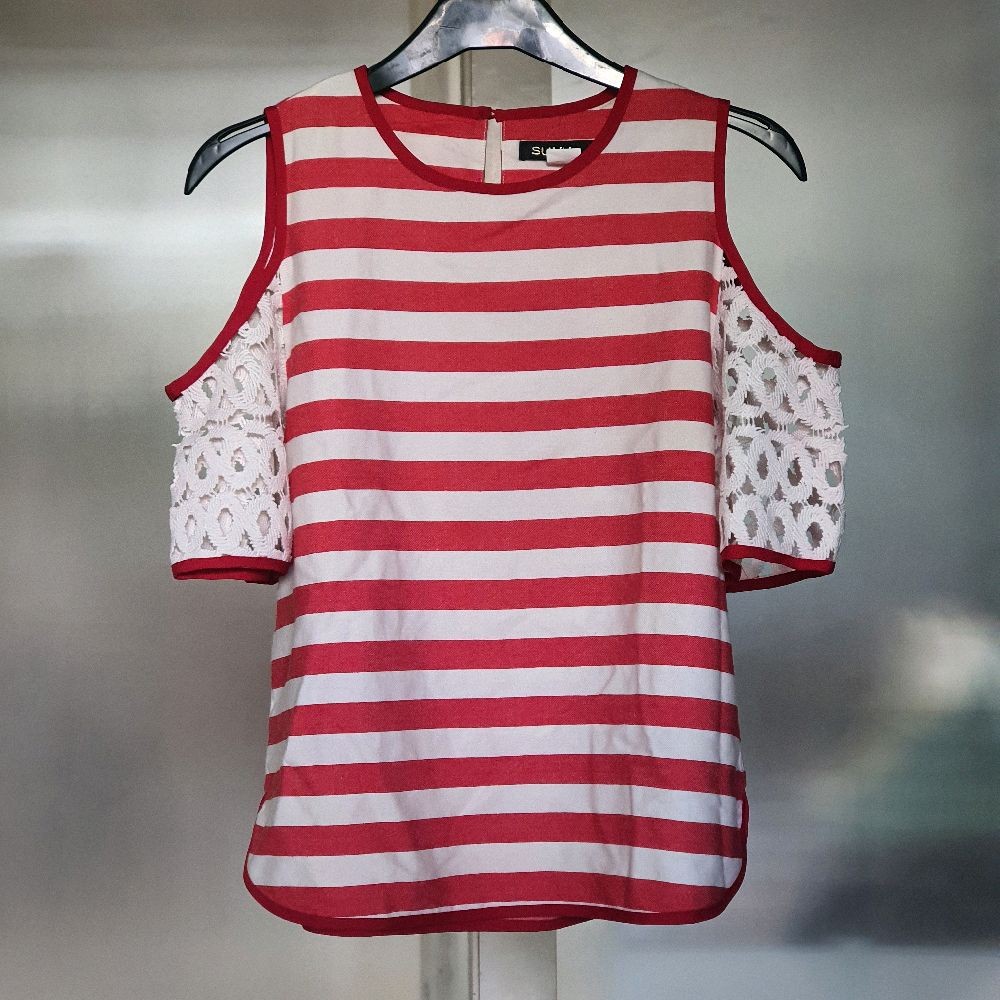 F baju wanita atasan blouse blus lengan pendek suhu putih merah garis preloved second Top Cewek Katu