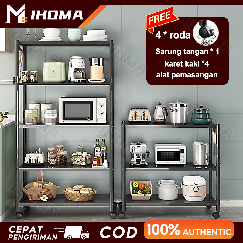 

Rak Susun Serbaguna Dapur Stainless Steel Rak Dapur Multi-Lapisan Rak 5 Susun Penyimpanan Microwave Oven Dengan roda