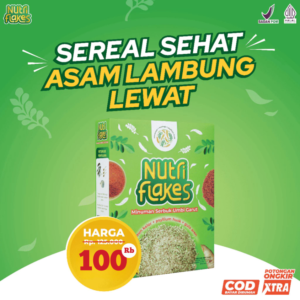 

Nutriflakes Sereal Umbi Garut Daun Kelor Solusi Asam Lambung Dan Maag Original 1 Box