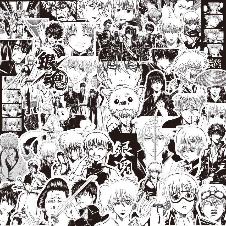 

80PCS Black and White Anime Gintama Stickers Sakata Gintoki Sticker Car Laptop Hijikata Toushirou Cool Cartoon Graffiti Decals
