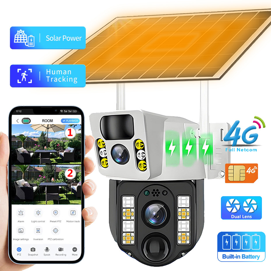 4G Solar Camera 4G SIM Card WiFi Dual Lens 8MP HD Night Vision IP CCTV Surveillance PTZ PIR Human De