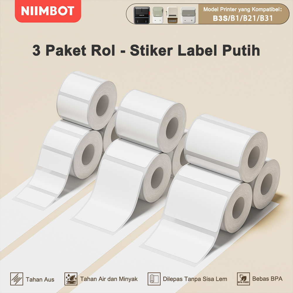 

3 Gulung Paket - NIIMBOT B21/B1/B3S Stiker Label Termal Putih, Kertas Label untuk Kode Batang/Harga