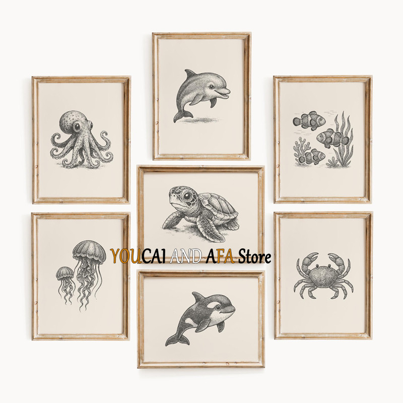 

Vintage Ocean Animals Sea Nursery Baby Turtle Fish Jellyfish Octopus Dolphins Whales Poster Canvas Painting Wall Pictures Decor