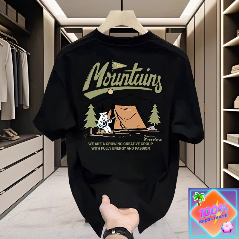 Gaya Kamping Luar Ruangan Kaos T - Shirt Pendek Pria Kasual Katun, Model Trend Cetak Beruang