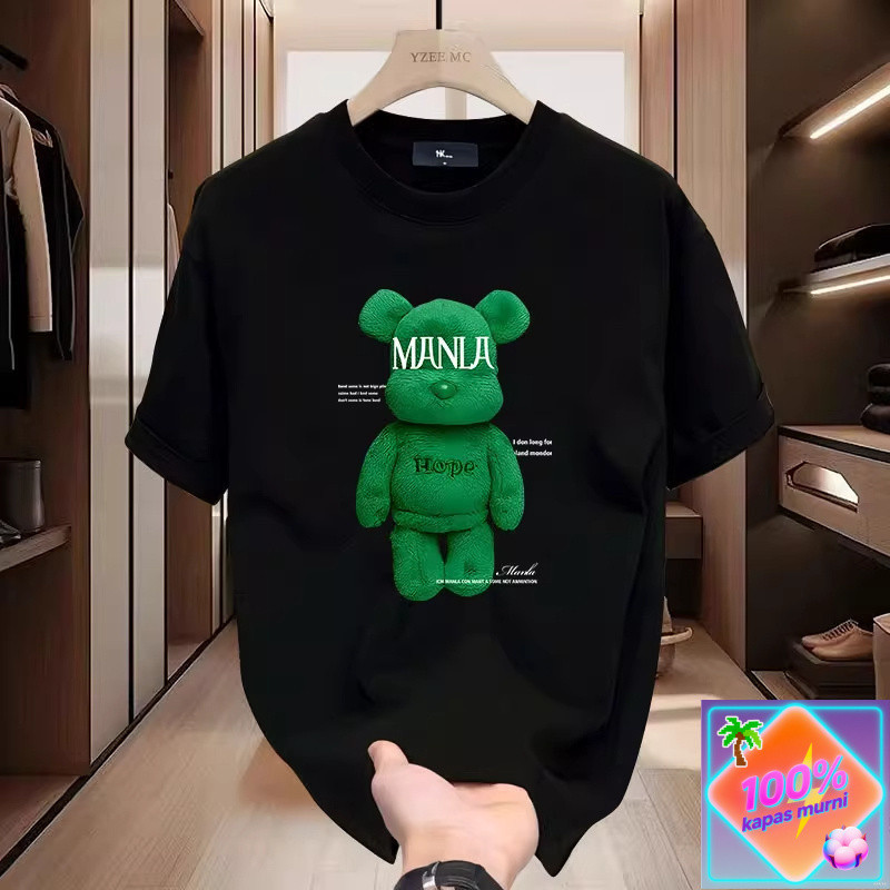 Kaos Pria Katun Lengan Pendek - Desain Bearbrick Hijau Trendy untuk Musim Panas