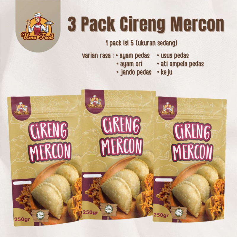 

3 PACK CIRENG MERCON ISI AYAM SUWIR PEDAS / CIRENG JANDO PEDAS / CIRENG USUS PEDAS / CIRENG ATI PEDAS / CIRENG KEJU MOZZARELLA ANTI MELEDAK / CIRENG BANDUNG / CIRENG ISI VIRAL / CIRENG ISI TETELAN SAPI MERCON / CIRENG JELETOT BANDUNG UMAFOOD