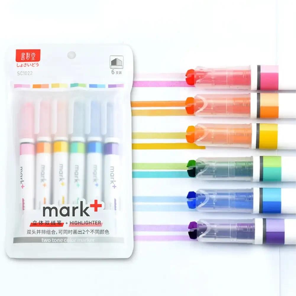 

6pcs/pack 2 Colors in 1 Marking Pens Markers Double Color Double Line Highlighter Pen Study Marker School Office Highlight Pens