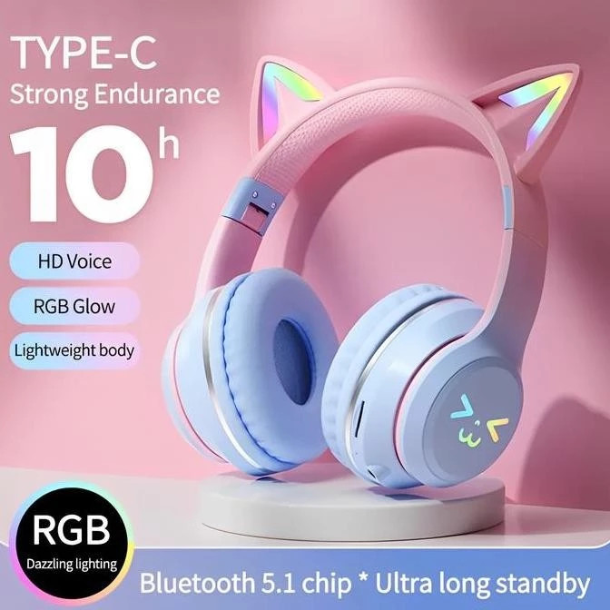 Bando Bass Bloetooth Cat Ear Headphone Gaming Headset Headphone Lipat Lucu Macaroon On Ear LED Warna