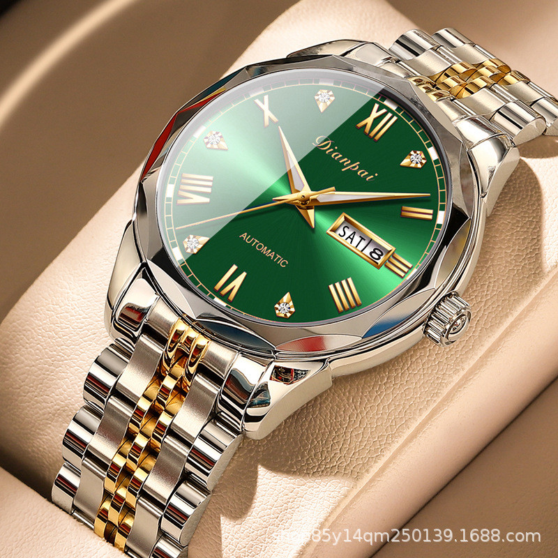 

Jam Tangan Mekanis Otomatis Pria Dual Calendar Stainless Steel Dial Hijau Jam Tangan Fashion Pria Tahan Air dan Bercahaya