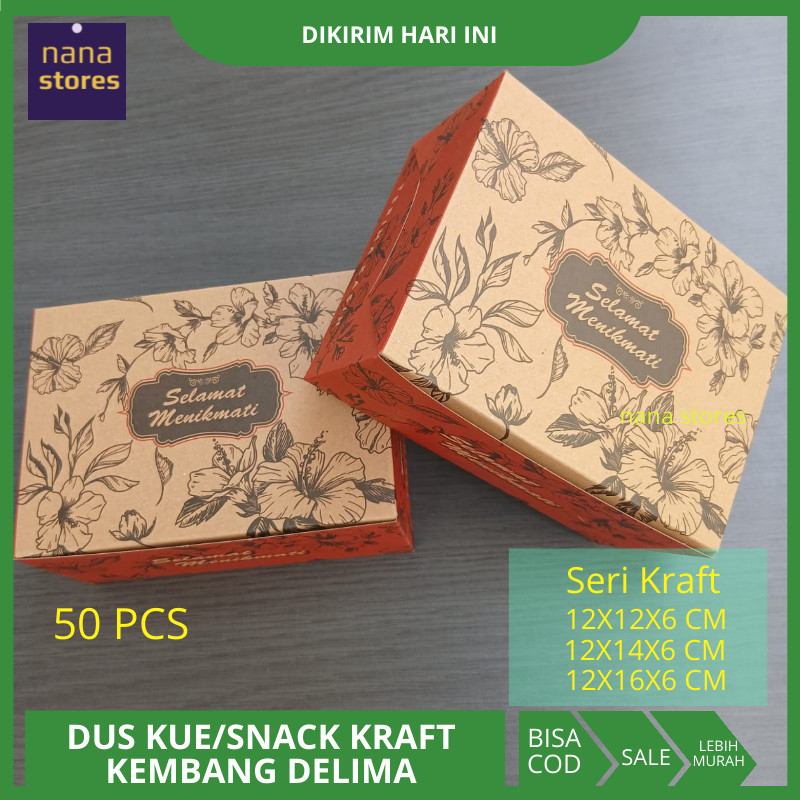 

50 Pcs Dus Kue / Snack Box Kraft Motif Kembang Delima