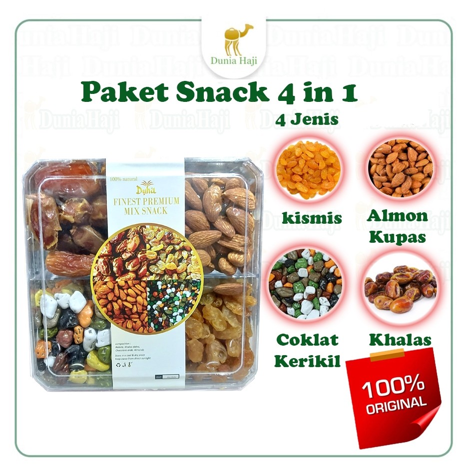 

New PAKET OLEH-OLEH UMROH HAJI 4 IN 1 Gift Souvenir Hadiah sekat 4 isi 4 macam sovenir umrah Hajj Kurma Kismis Kacang Almond Kupas Coklat KerikilPremium