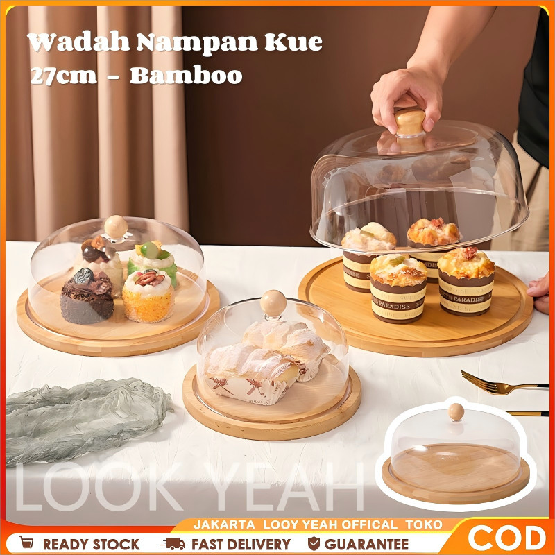 Tempat Kue Kayu Bamboo 27cm Tudung Saji Kue Tempat Roti Wadah Nampan Kue Dessert Kayu Estetik