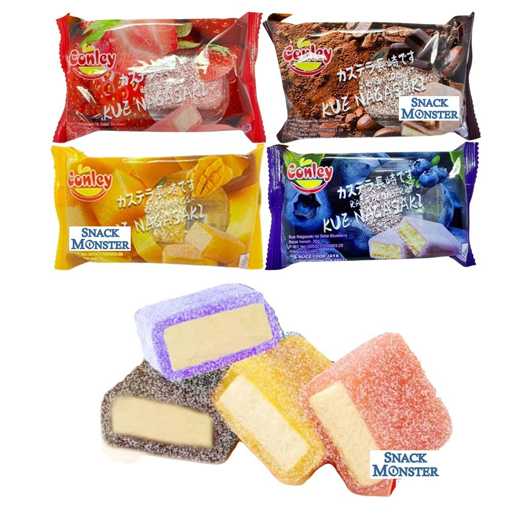 

Conley Kue Nagasaki Mochi Bolu isi Selai Coklat Strawberry - Netto 35 gr
