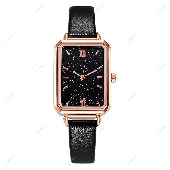 Terbaru Loreo - Jam Tangan Wanita Dial Kotak Gradasi Jam Tangan Analog Quartz Strap Pu Kulit - Hitam