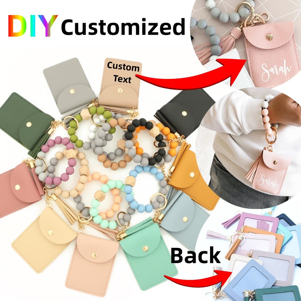 

Customized Name Engraving Silicone Bead Bracelet PU Solid Leather Card Bag Wristlet ID Card Holder Bangle Leather Tassel Wallet